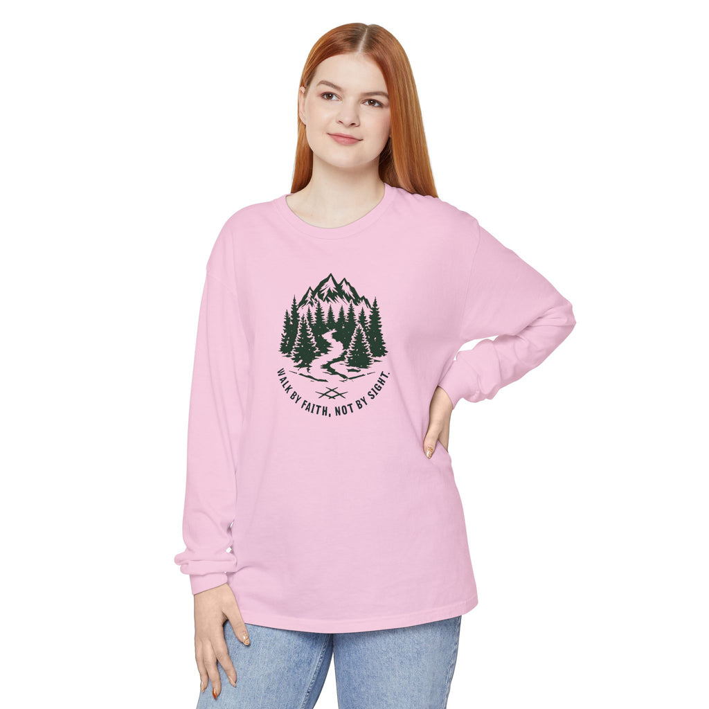Walk by Faith, Not By Sight Comfort Colors Unisex Long Sleeve Shirt | Faith Mountain Graphic Tee | Garment Dyed Cotton