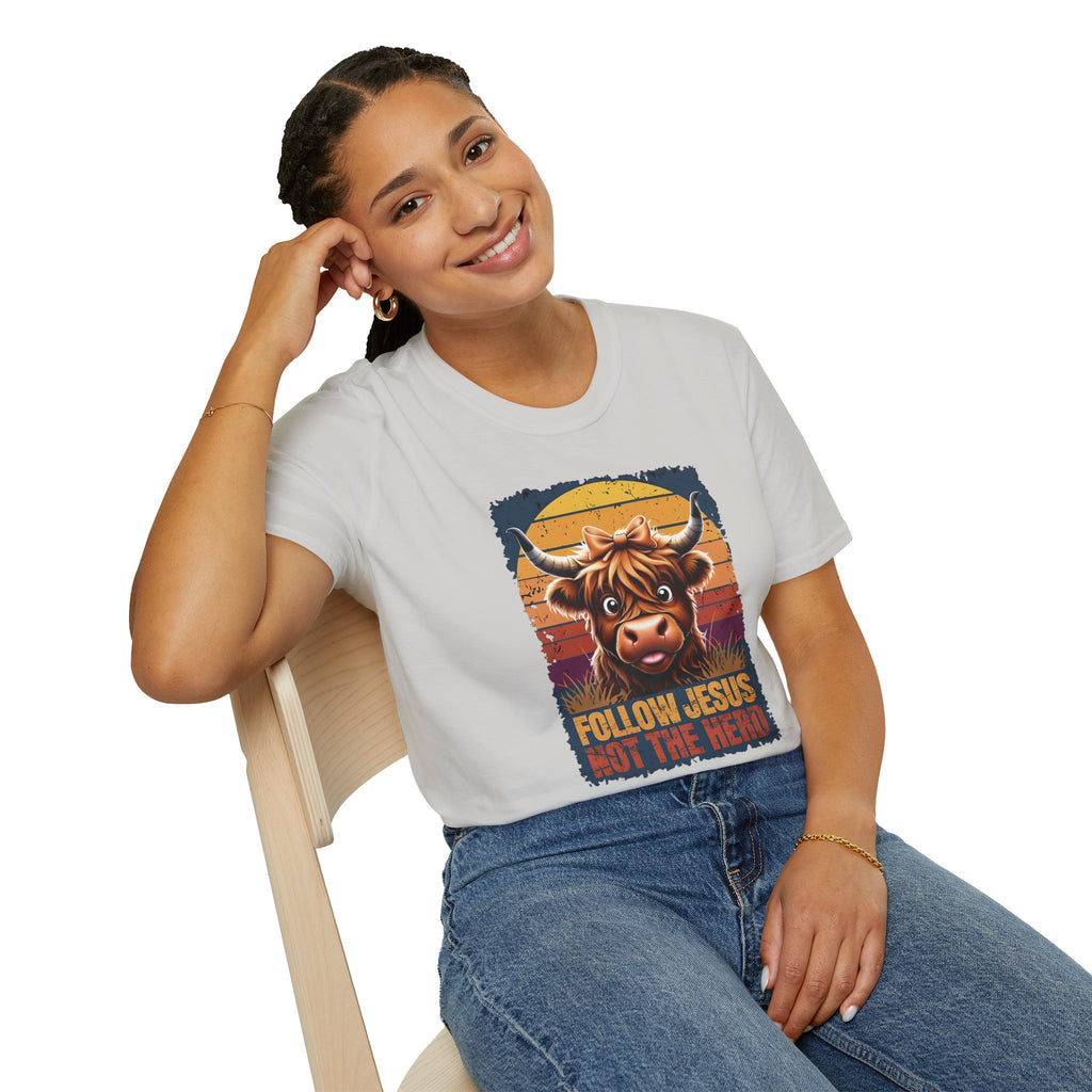 Follow Jesus Not The Herd Gildan Softstyle Unisex Tshirt | Highland Cow Christian Graphic T Shirt