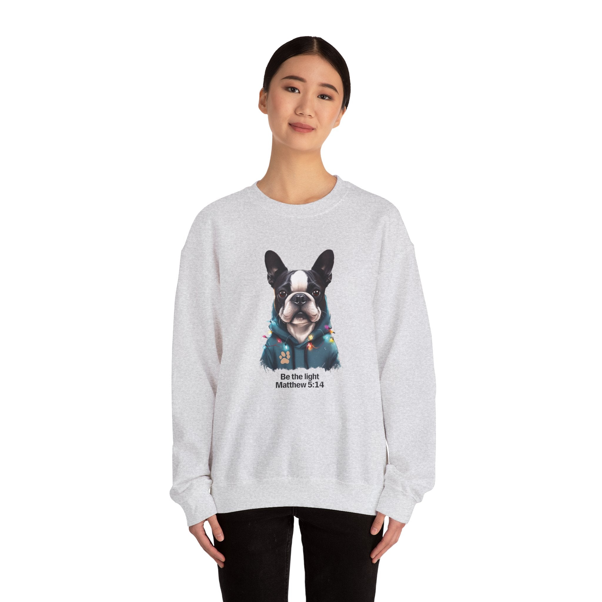 Be the Light Boston Terrier Christmas Gildan Sweatshirt | Christian Unisex Crewneck