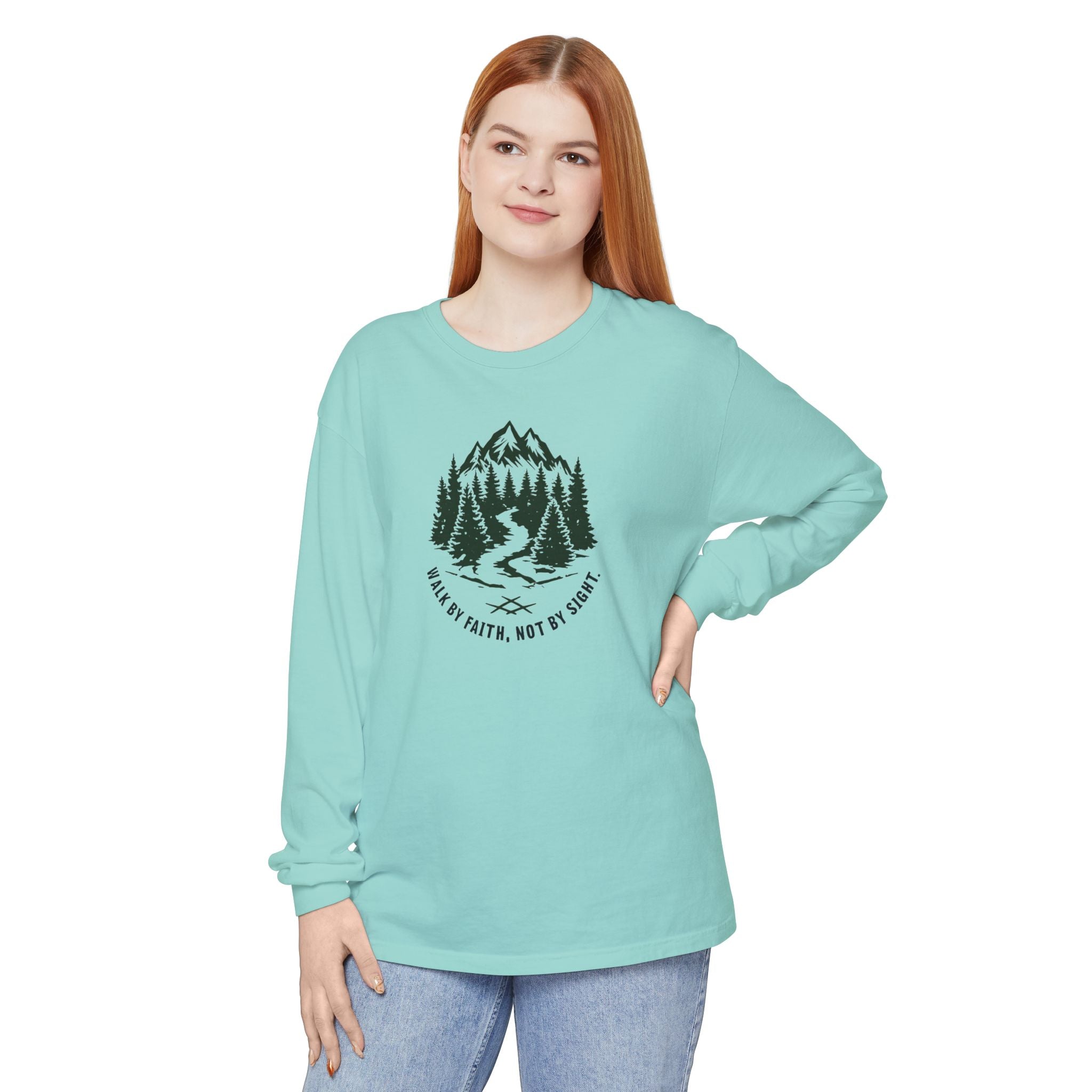 Walk by Faith, Not By Sight Comfort Colors Unisex Long Sleeve Shirt | Faith Mountain Graphic Tee | Garment Dyed Cotton