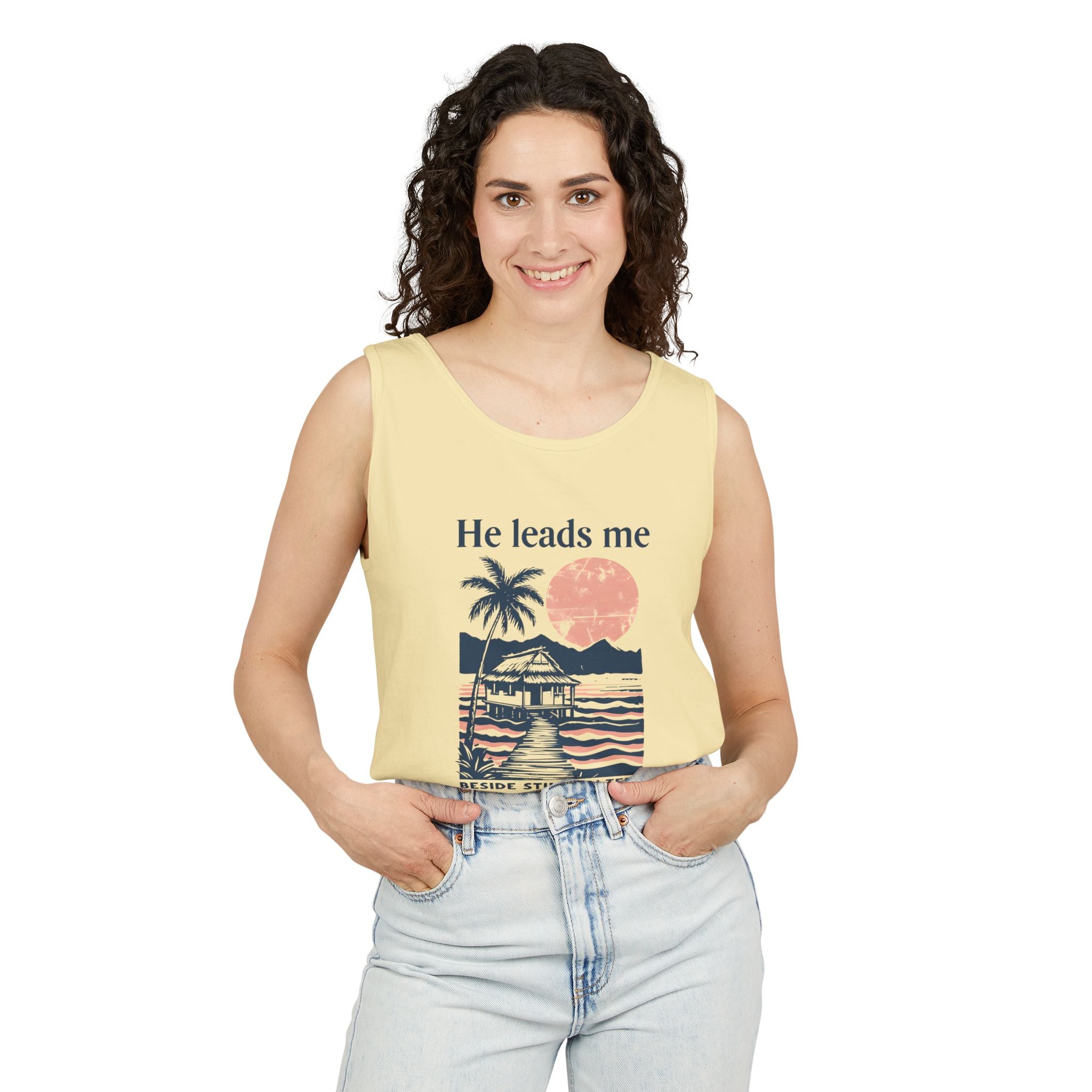 He Leads Me Beside Still Water Unisex Comfort Colors Tank Top | Psalms 23 | Christian Gift