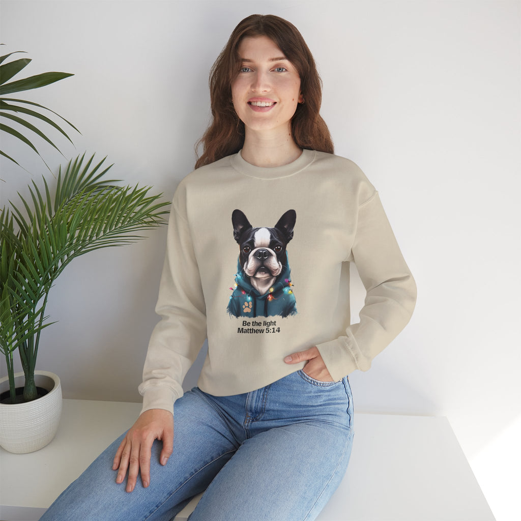 Be the Light Boston Terrier Christmas Gildan Sweatshirt | Christian Unisex Crewneck