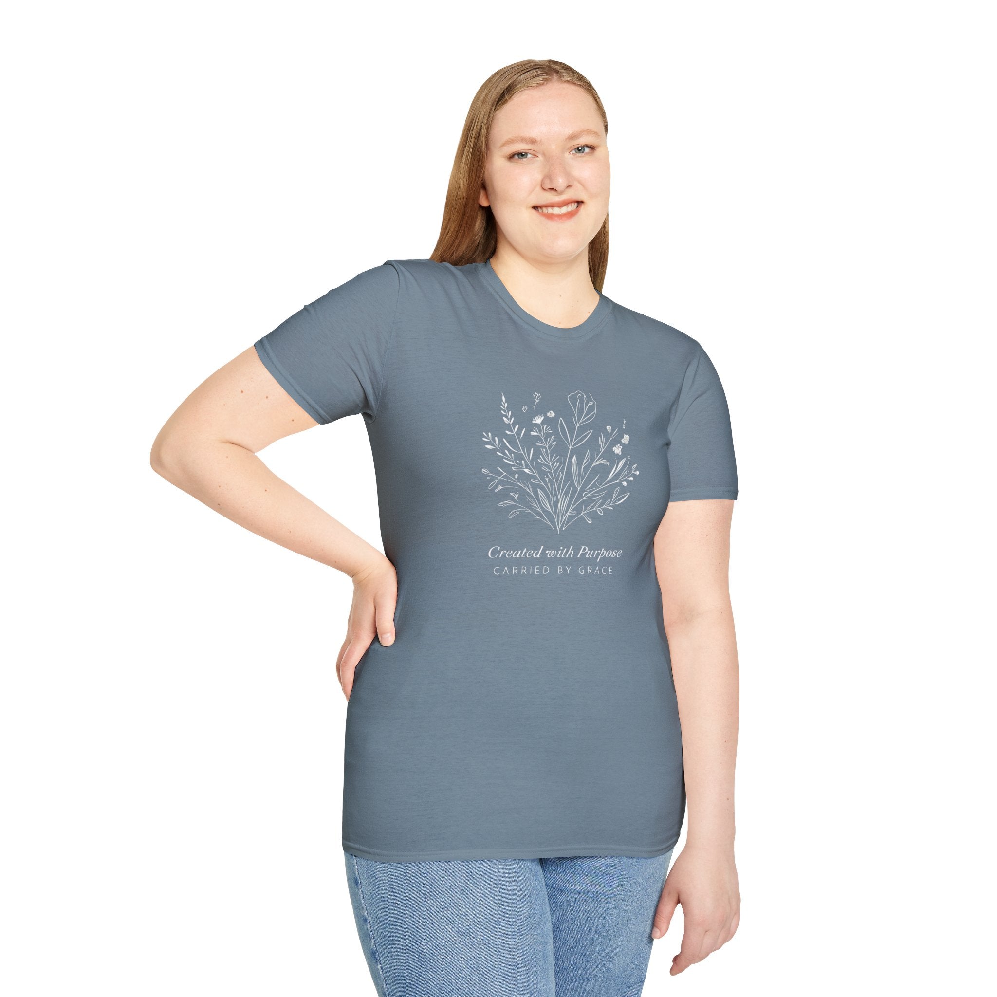 Created with Purpose Carried By Grace Christian Floral Gildan T-Shirt Women’s Faith Shirt Minimalist Design Soft Cotton Tee