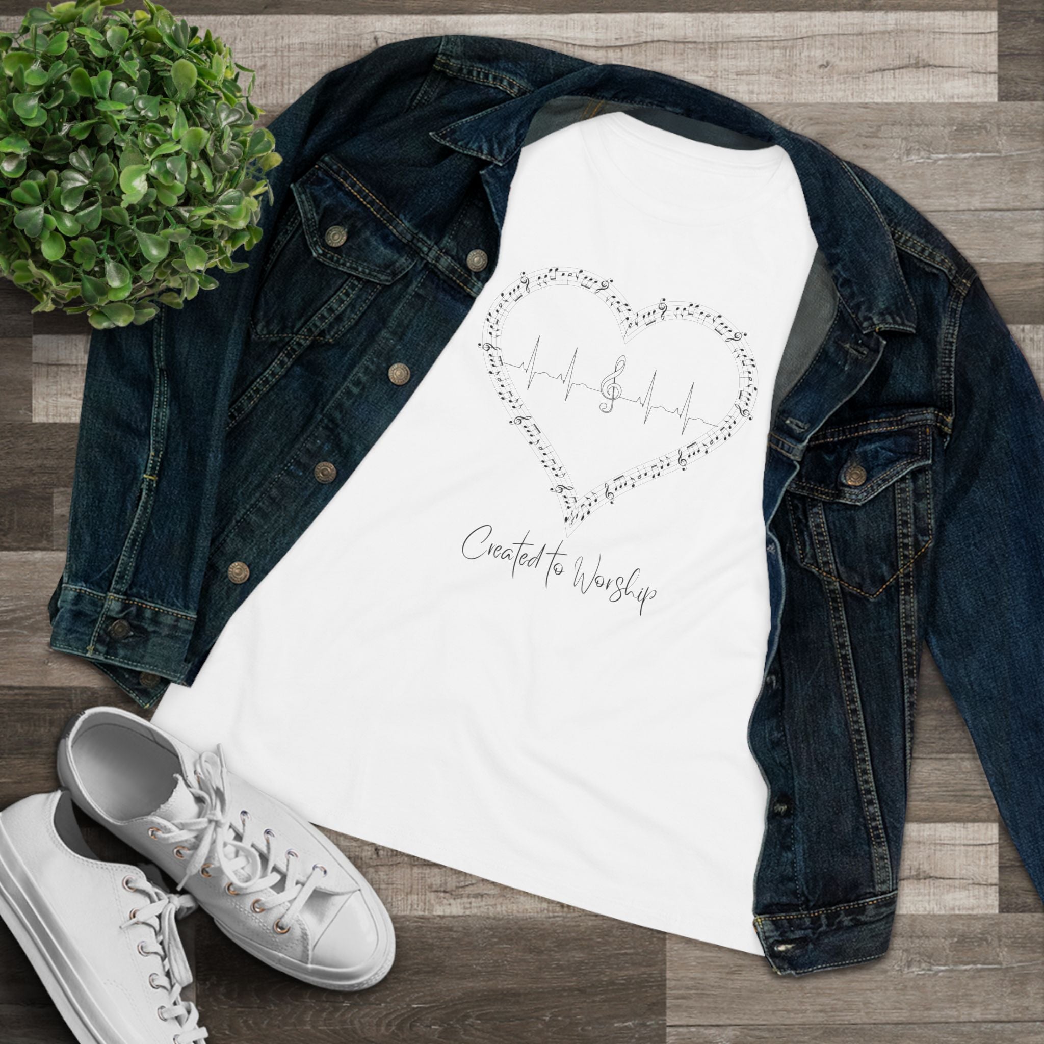 Created to Worship Women’s Christian T-Shirt – Heart & Treble Clef Music Design