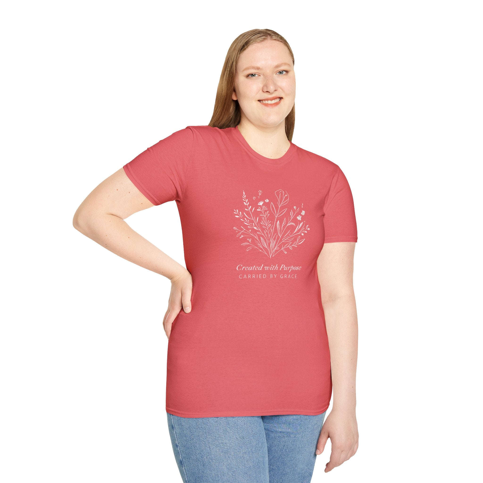 Created with Purpose Carried By Grace Christian Floral Gildan T-Shirt Women’s Faith Shirt Minimalist Design Soft Cotton Tee