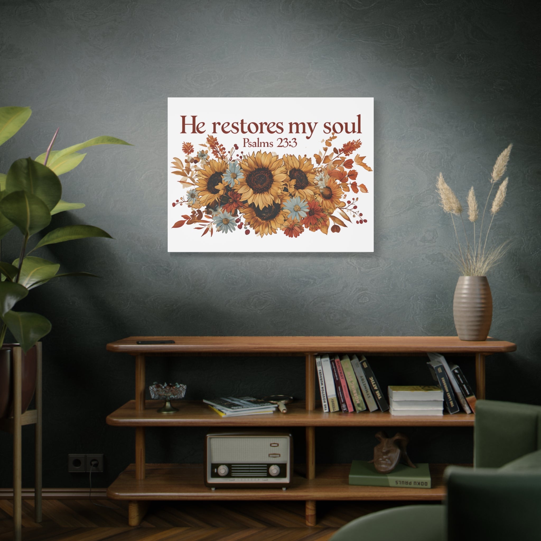 Psalm 23:3 Canvas Wall Art | Christian Sunflower Home Decor | Faith Gift
