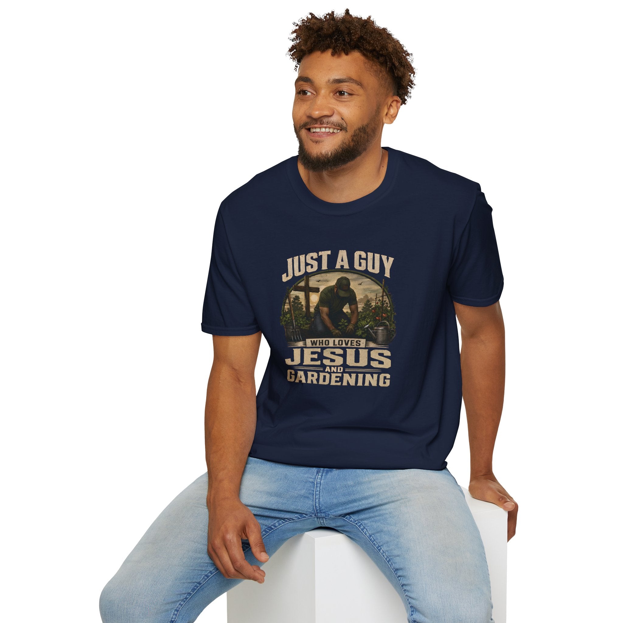 Just A Guy Who Loves Jesus And Gardening Gildan Christian T-Shirt for Men | Faith Based Gardening Shirt | Gardener Gift Tee