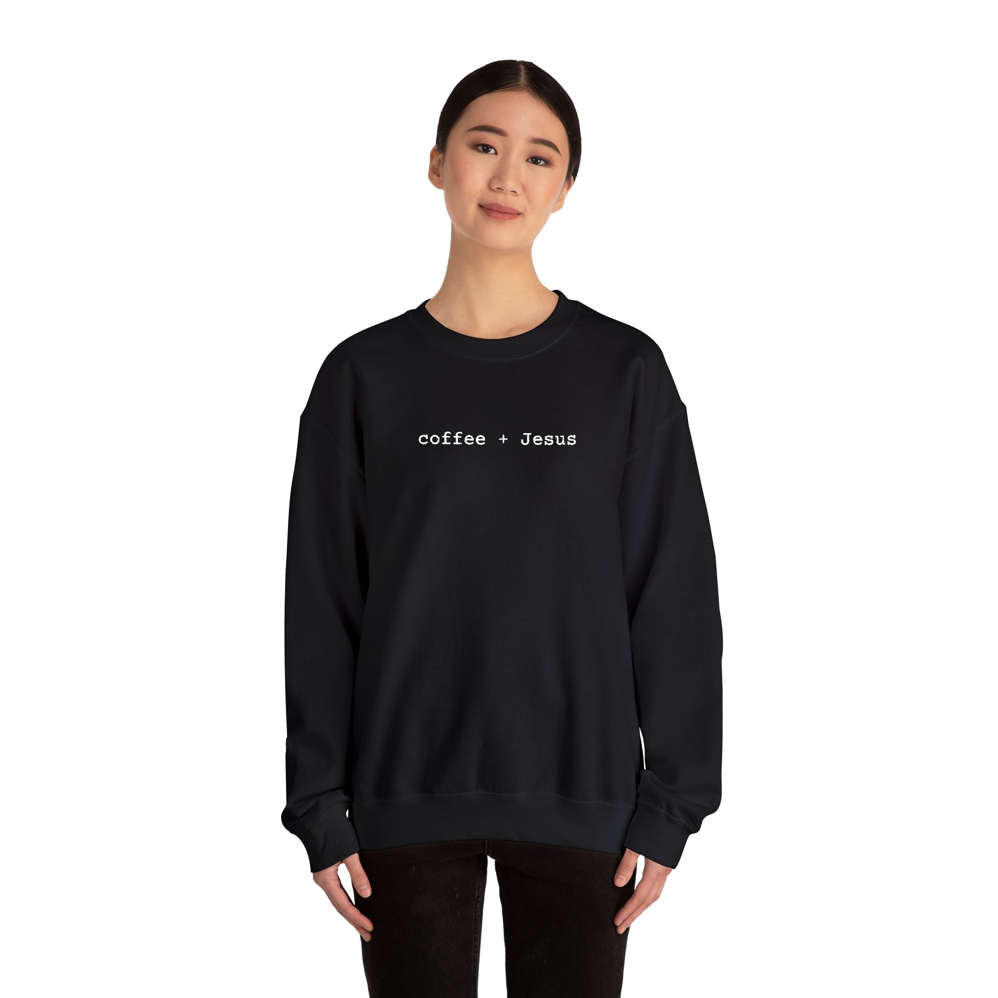 Embroidered Jesus + Coffee Gildan Unisex Heavy Blend Crewneck Sweatshirt | Cozy Christian Pullover Gift for Adults