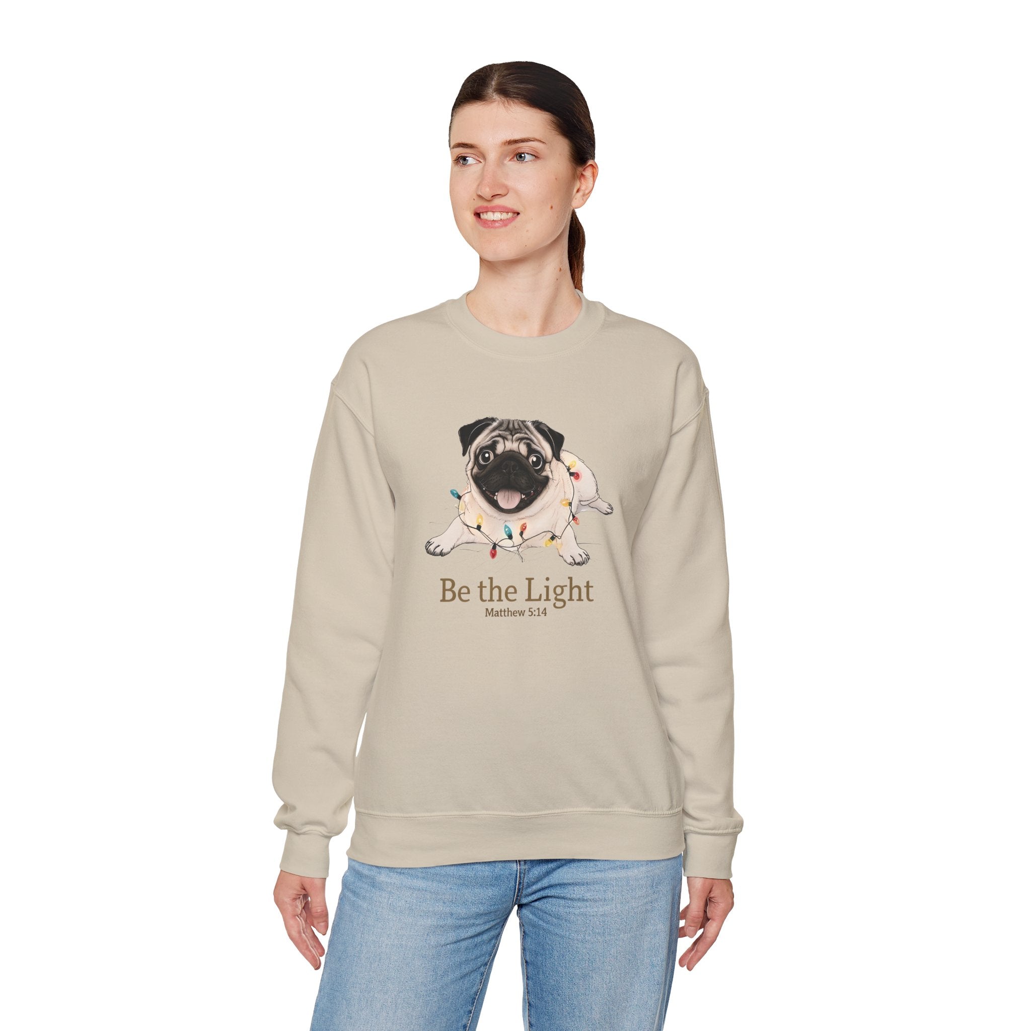 Be the Light Christmas Pug Unisex Gildan Sweatshirt | Christian Crewneck Holiday Gift