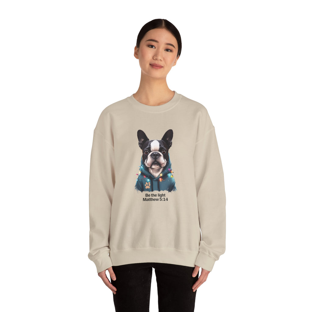 Be the Light Boston Terrier Christmas Gildan Sweatshirt | Christian Unisex Crewneck