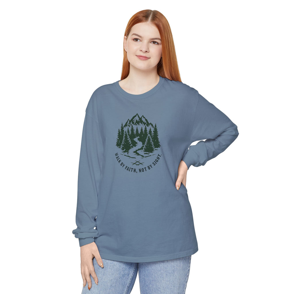 Walk by Faith, Not By Sight Comfort Colors Unisex Long Sleeve Shirt | Faith Mountain Graphic Tee | Garment Dyed Cotton