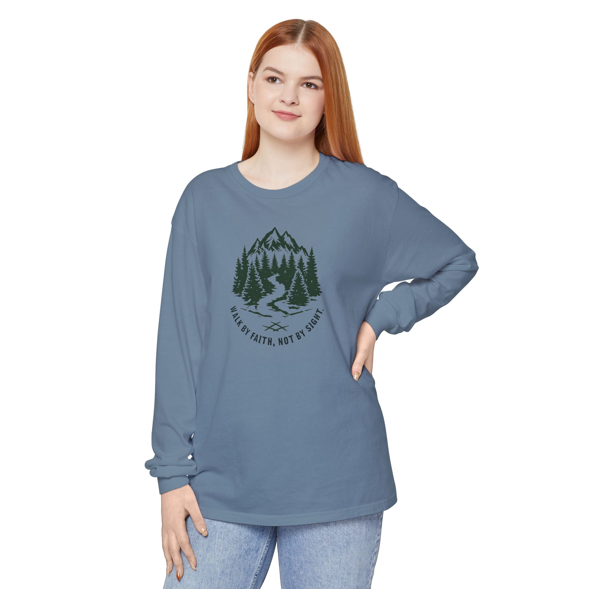 Walk by Faith, Not By Sight Comfort Colors Unisex Long Sleeve Shirt | Faith Mountain Graphic Tee | Garment Dyed Cotton