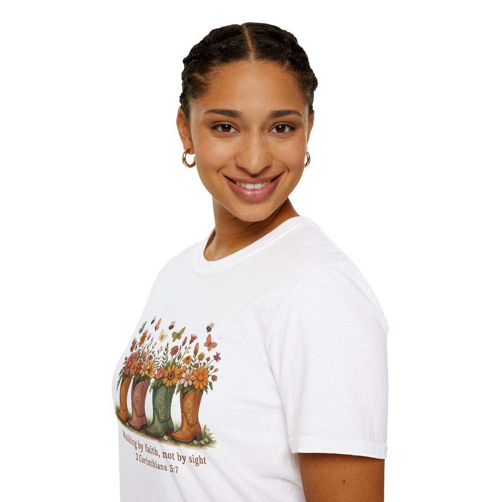 Walk by Faith Not by Sight Gildan Tshirt | Women's Wildflower Cowgirl Boots Christian Tee