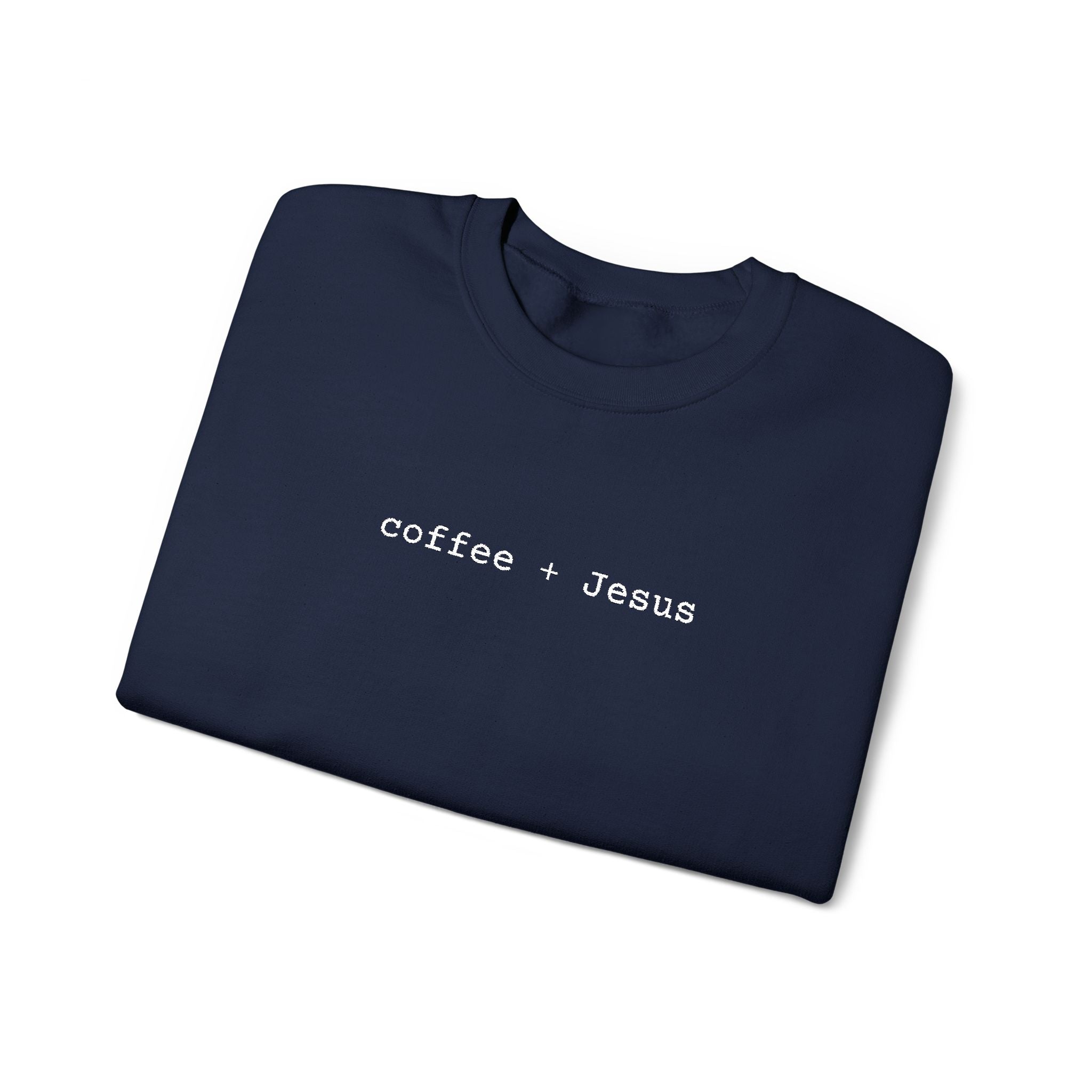 Embroidered Jesus + Coffee Gildan Unisex Heavy Blend Crewneck Sweatshirt | Cozy Christian Pullover Gift for Adults