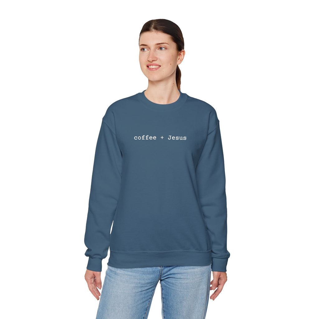 Embroidered Jesus + Coffee Gildan Unisex Heavy Blend Crewneck Sweatshirt | Cozy Christian Pullover Gift for Adults