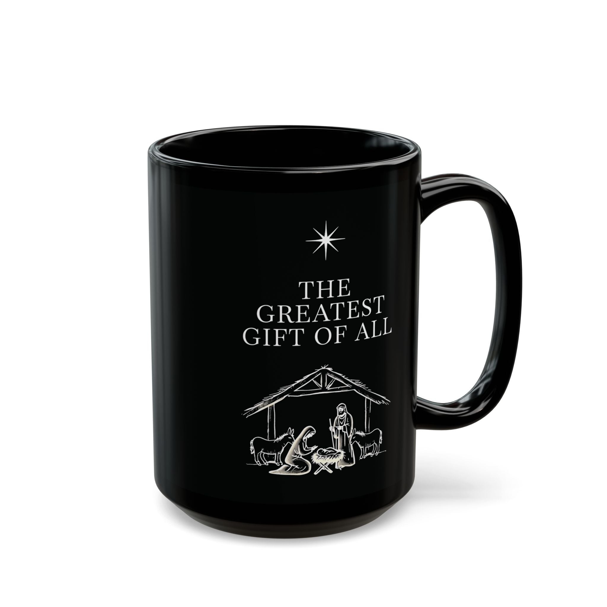 The Greatest Gift of All Christian Black Coffee Mug | Christmas Gift Ceramic Cup 11oz, 15oz