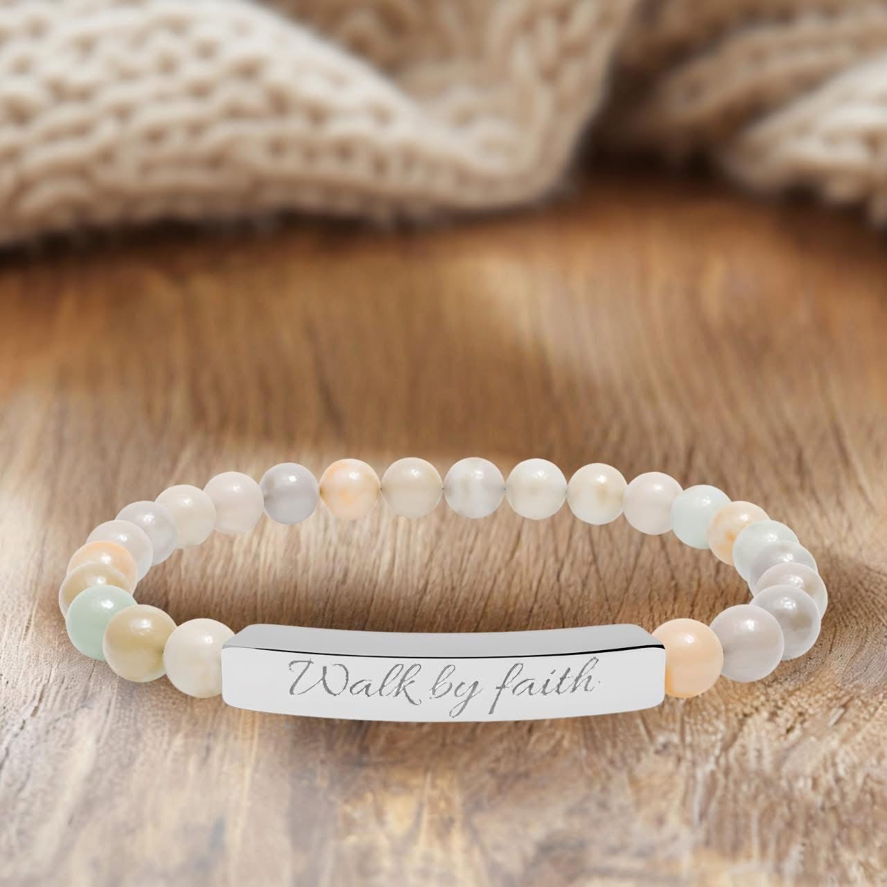 Walk By Faith engraved stainless steel stretch bracelet — Christian faith jewelry gift for her