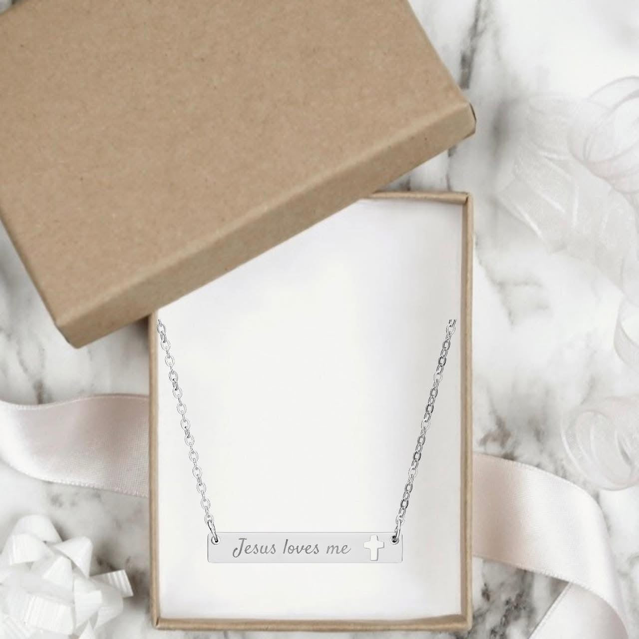 Jesus Loves Me engraved cross bar necklace — stainless steel Christian faith jewelry gift for her
