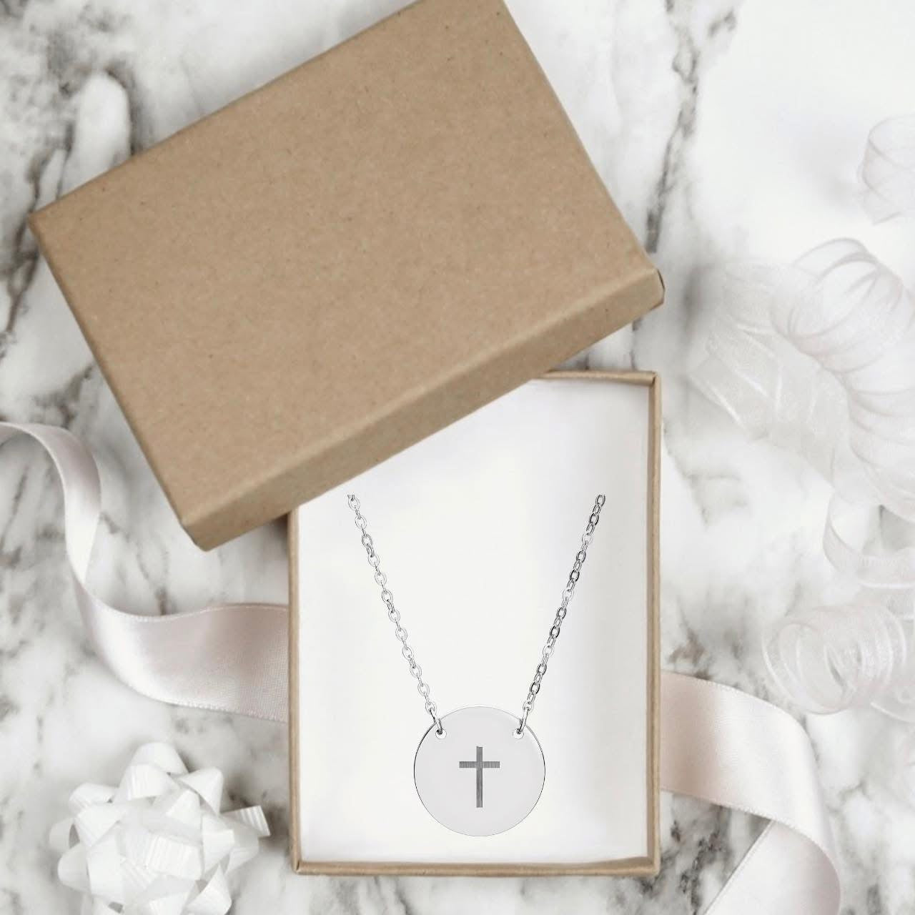 Engraved cross circle pendant necklace — stainless steel Christian faith jewelry gift for her
