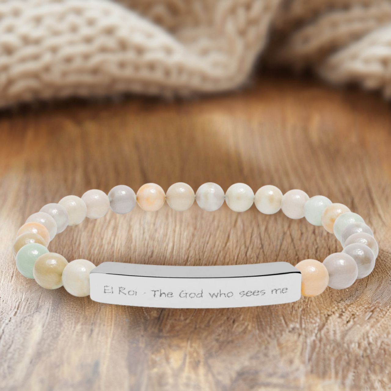 El Roi natural stone stretch bracelet — Christian faith jewelry gift for women