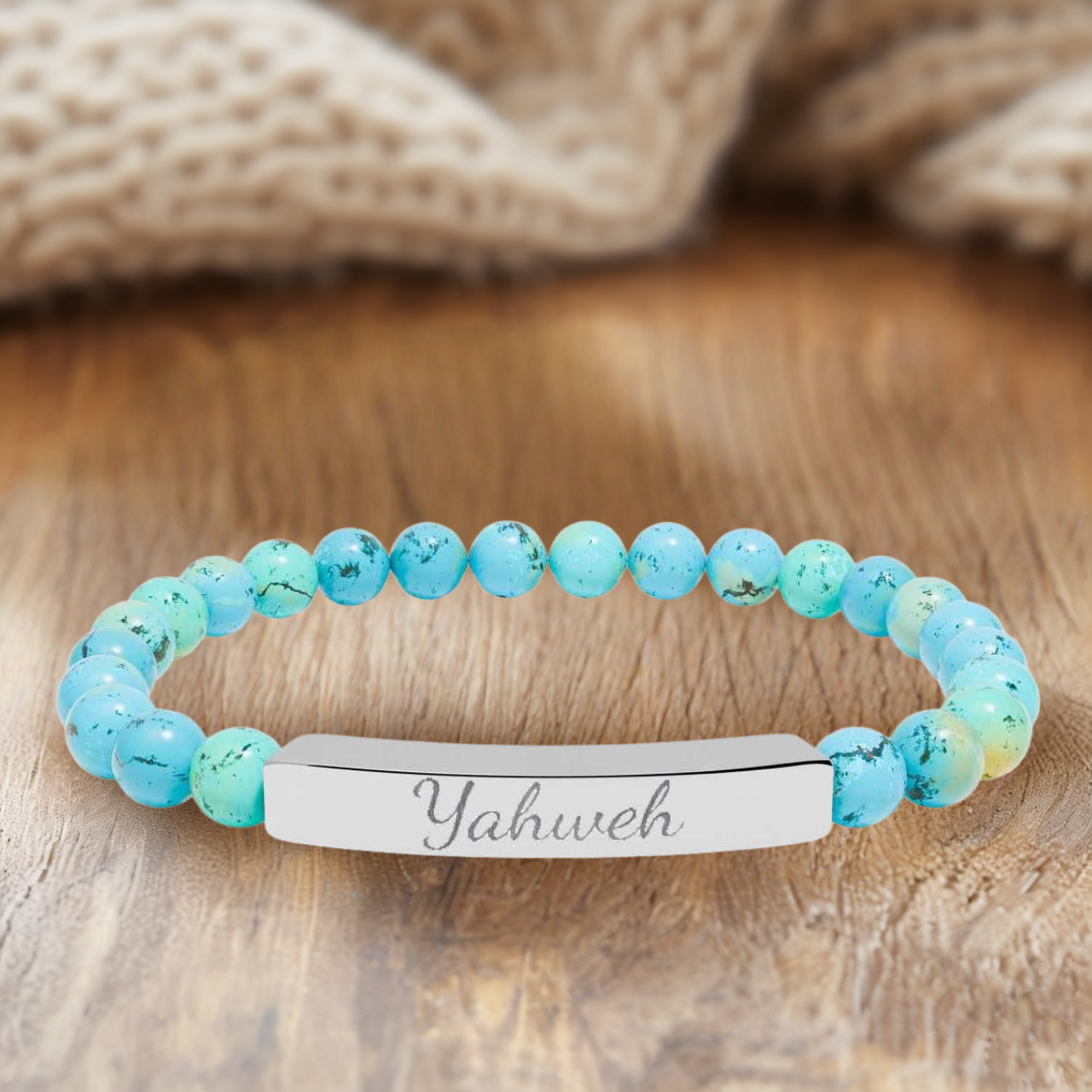 Yahweh engraved stainless steel bar and natural stone bead stretch bracelet — Christian faith jewelry gift for women