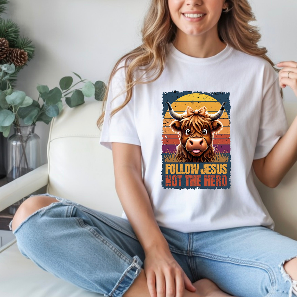 Follow Jesus Not The Herd Gildan Softstyle Unisex Tshirt | Highland Cow Christian Graphic T Shirt