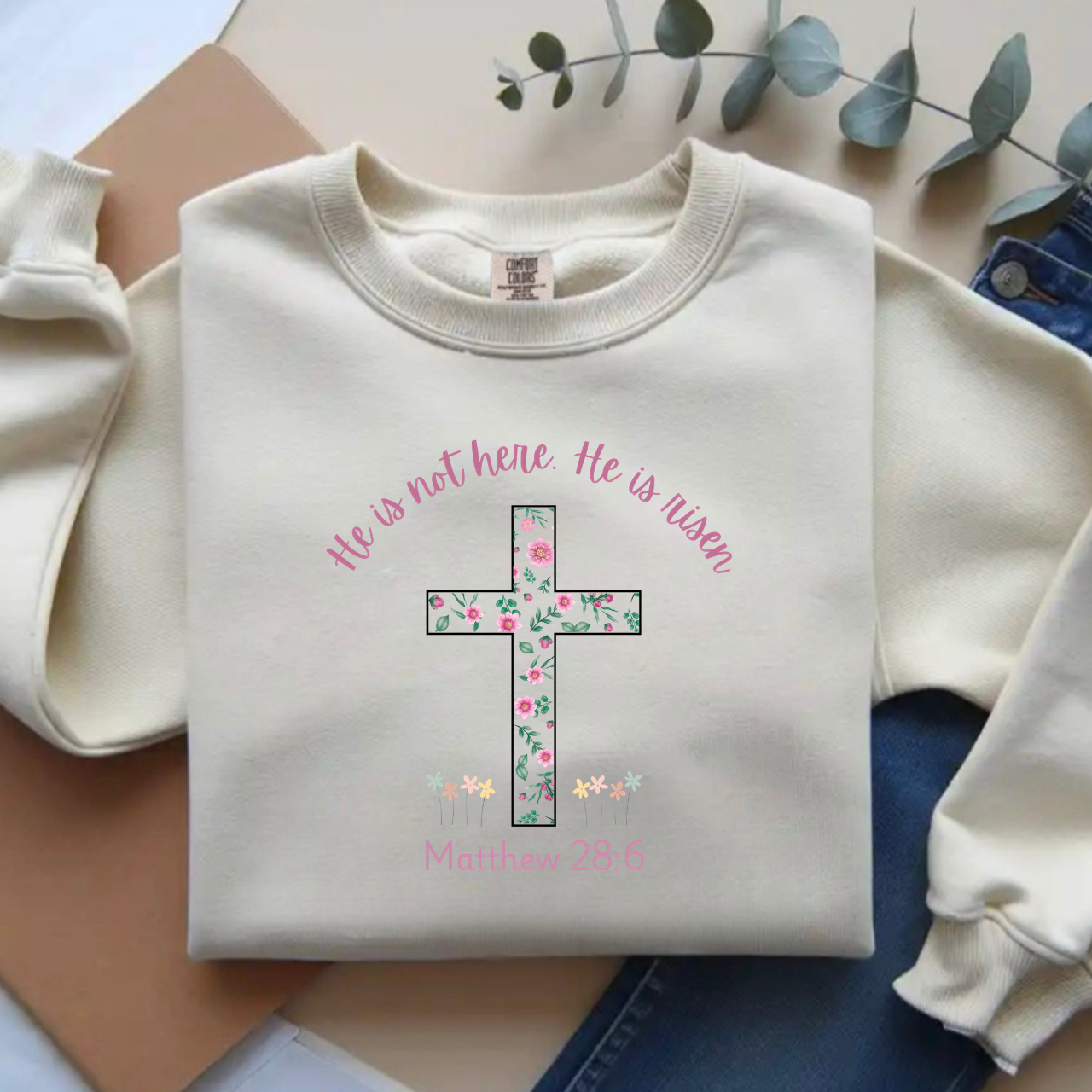 Matthew 28:6 He is Risen Easter Comfort Colors long sleeve shirt — Christian faith tee gift unisex