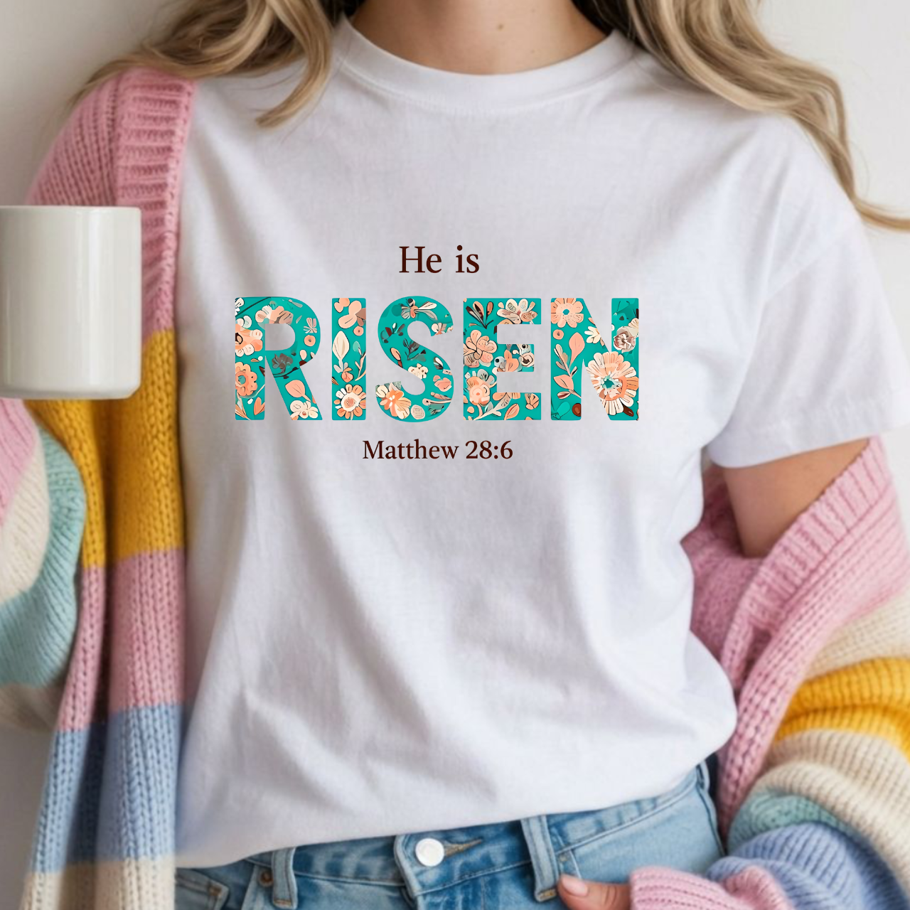 He is RISEN Christian T-Shirt | Easter Women’s Faith Shirt | Scripture Tee Matthew 28:6 | Floral Graphic | Garment-Dyed Cotton | S-4XL