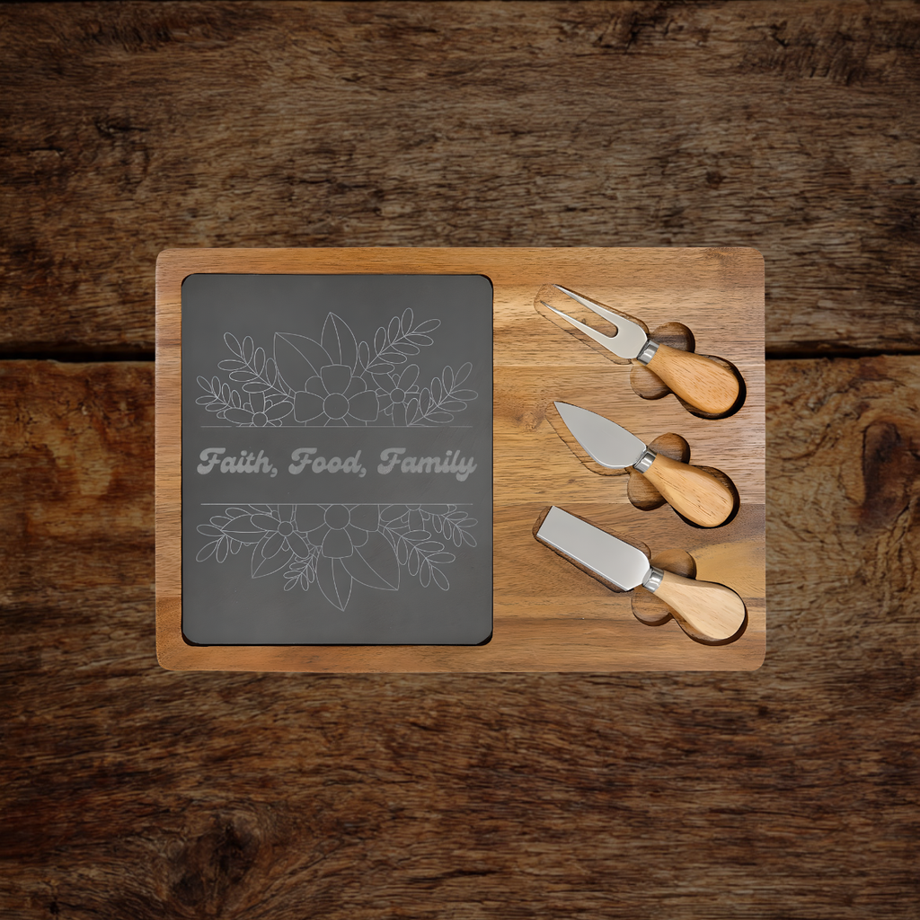 Faith Food Family engraved acacia charcuterie board with slate and knives — Christian kitchen gift for her
