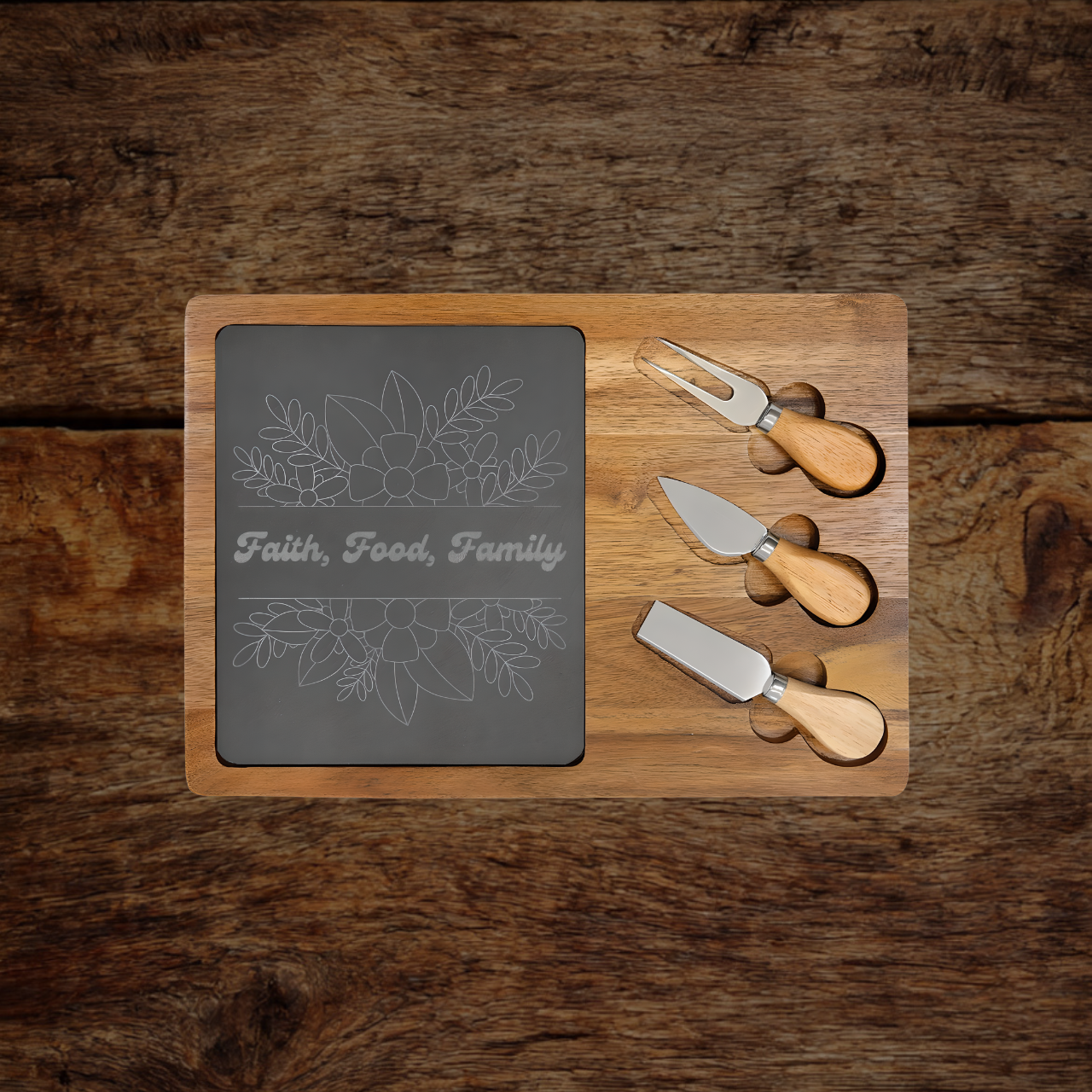Faith Food Family engraved acacia charcuterie board with slate and knives — Christian kitchen gift for her