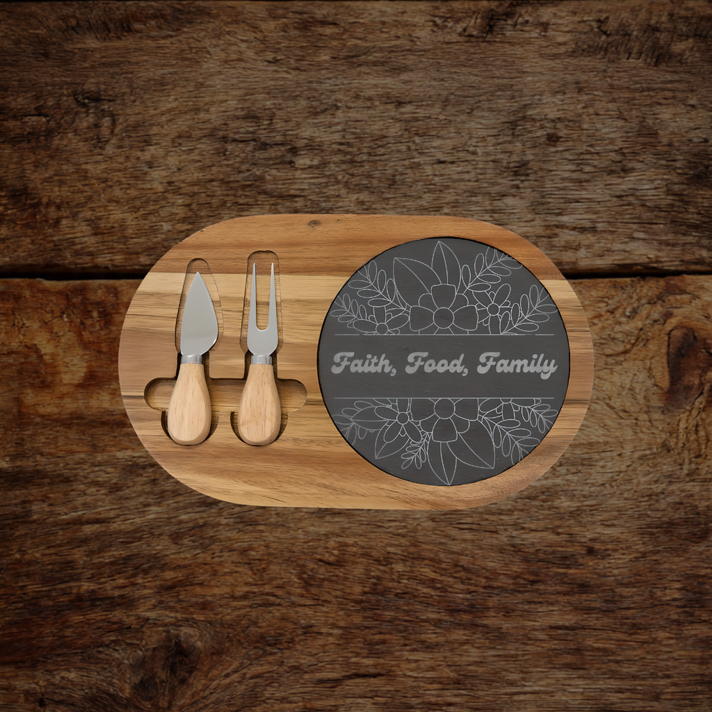 Faith Food Family Engraved Acacia Charcuterie Board with Slate & Knives | Christian Gift Kitchen Decor