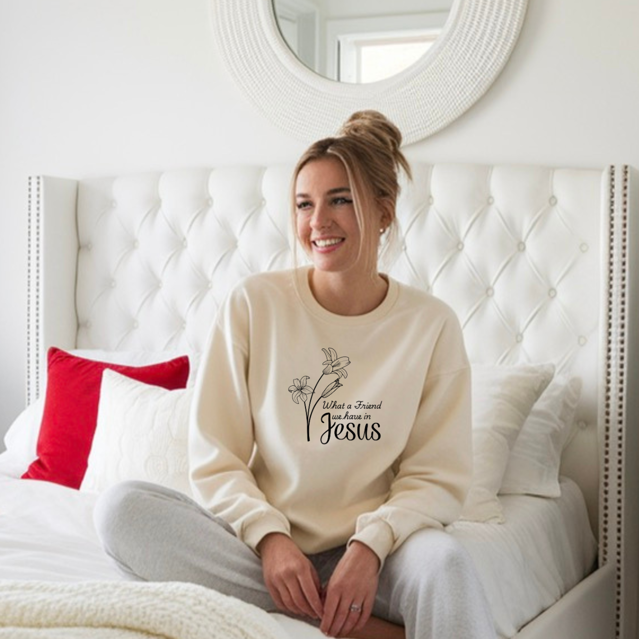 What a Friend We Have in Jesus floral Comfort Colors garment-dyed long sleeve Christian tee — faith gift for her