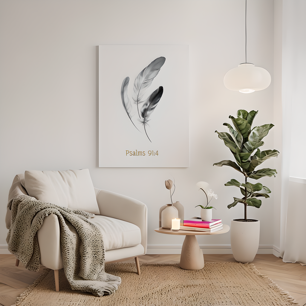 Psalm 91:4 Feather Canvas Wall Art – Christian Scripture Home Decor – Bible Verse Matte Canvas Print