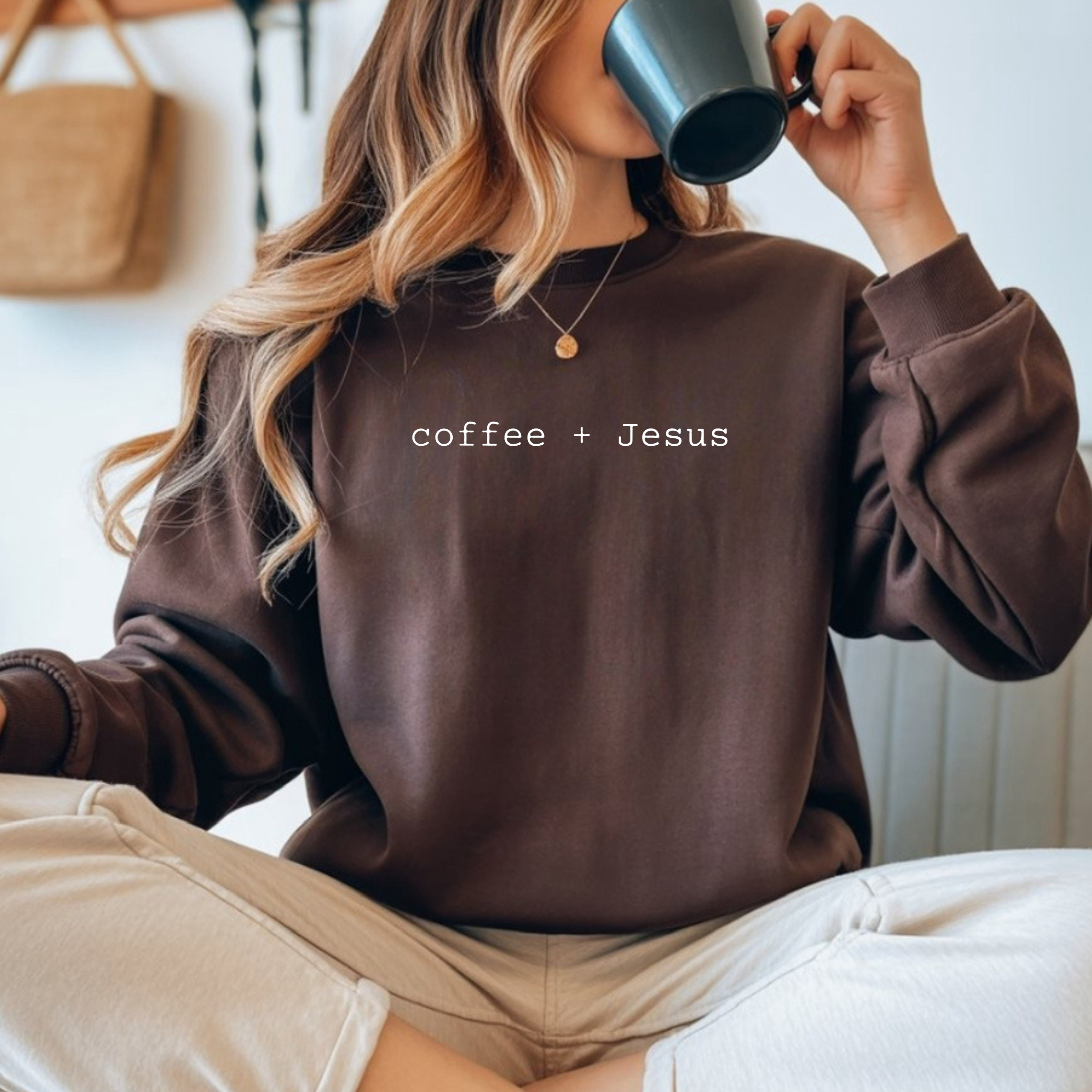 Embroidered Jesus + Coffee Gildan Unisex Heavy Blend Crewneck Sweatshirt | Cozy Christian Pullover Gift for Adults