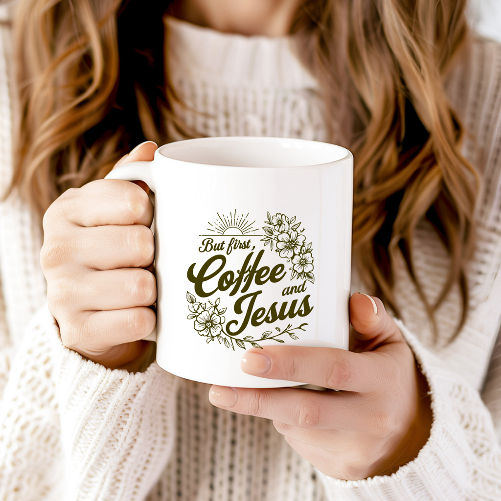 Jesus + Coffee Christian Coffee Mug | Faith Ceramic Mug 11oz & 15oz | Botanical Design Christian Gift