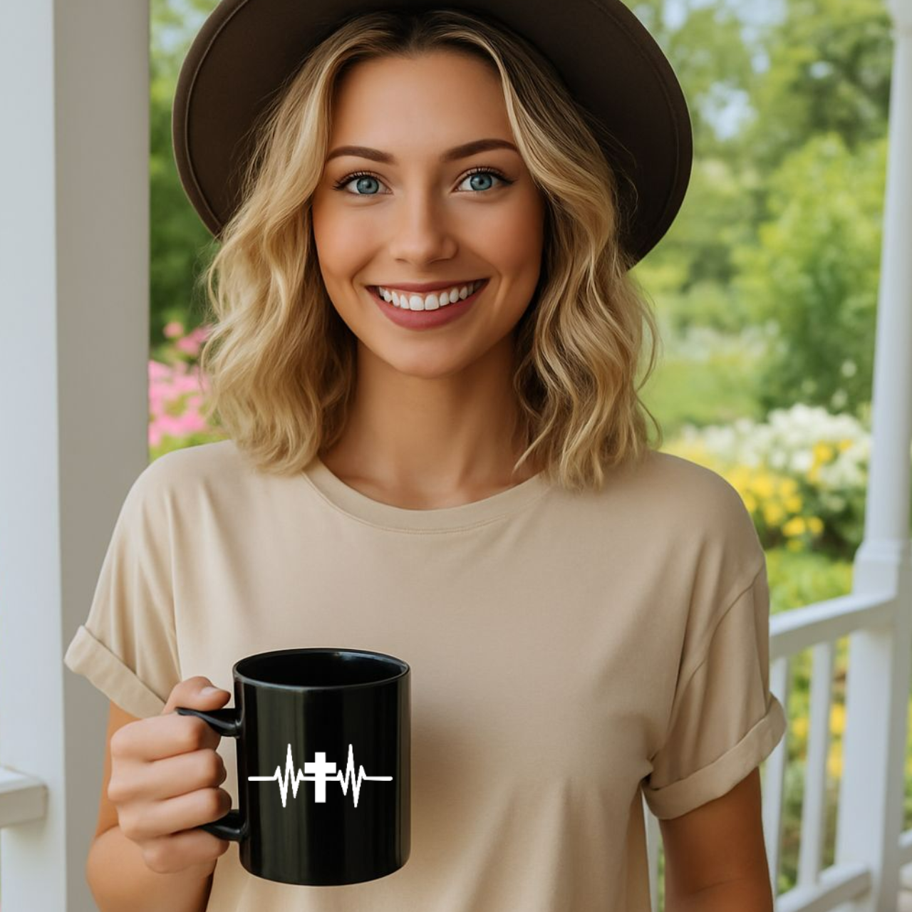 Christian Coffee Mug with Cross and Heartbeat Design – 11 oz - Faith-Based Ceramic Mug Gift | Inspirational Coffee Cup Gift
