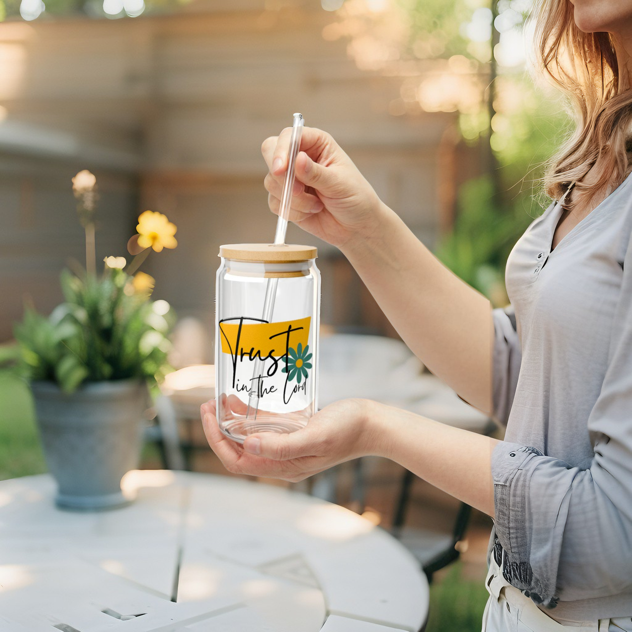 Trust in the Lord Glass Tumbler – 16oz Christian Cup with Bamboo Lid & Straw