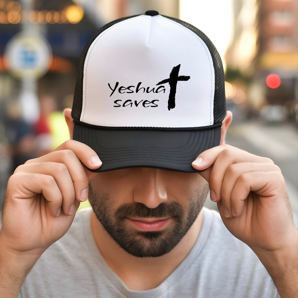 Yeshua Saves Trucker Hat | Christian Faith Snapback Cap | Jesus Saves Mesh Hat | Christian Streetwear Hat