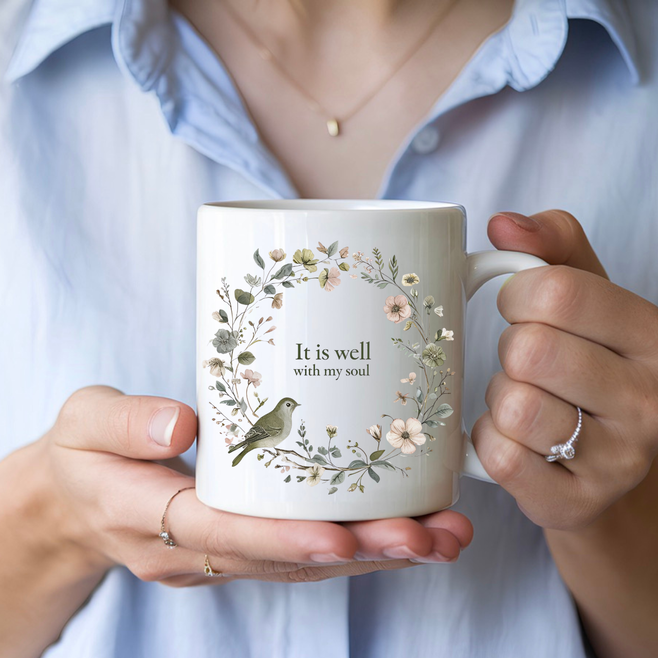 It Is Well With My Soul Christian coffee mug — floral ceramic 11oz 15oz faith gift for women