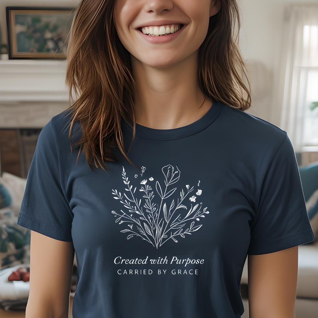 Created with Purpose Carried By Grace Christian Floral Gildan T-Shirt Women’s Faith Shirt Minimalist Design Soft Cotton Tee