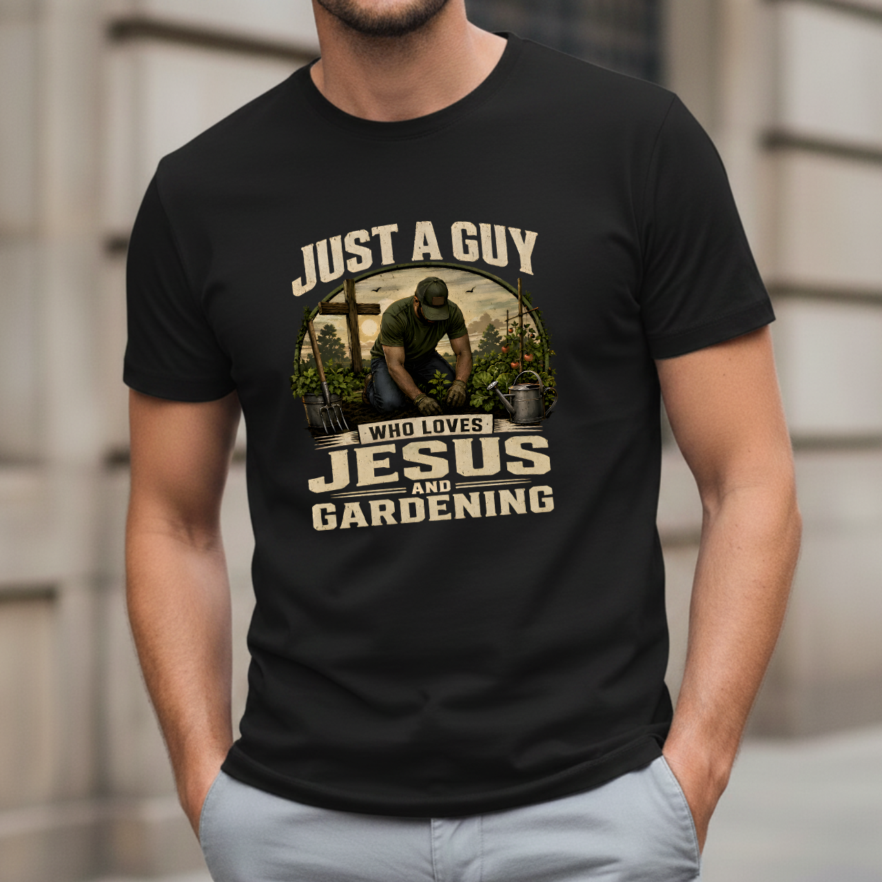 Just A Guy Who Loves Jesus And Gardening Gildan Christian T-Shirt for Men | Faith Based Gardening Shirt | Gardener Gift Tee