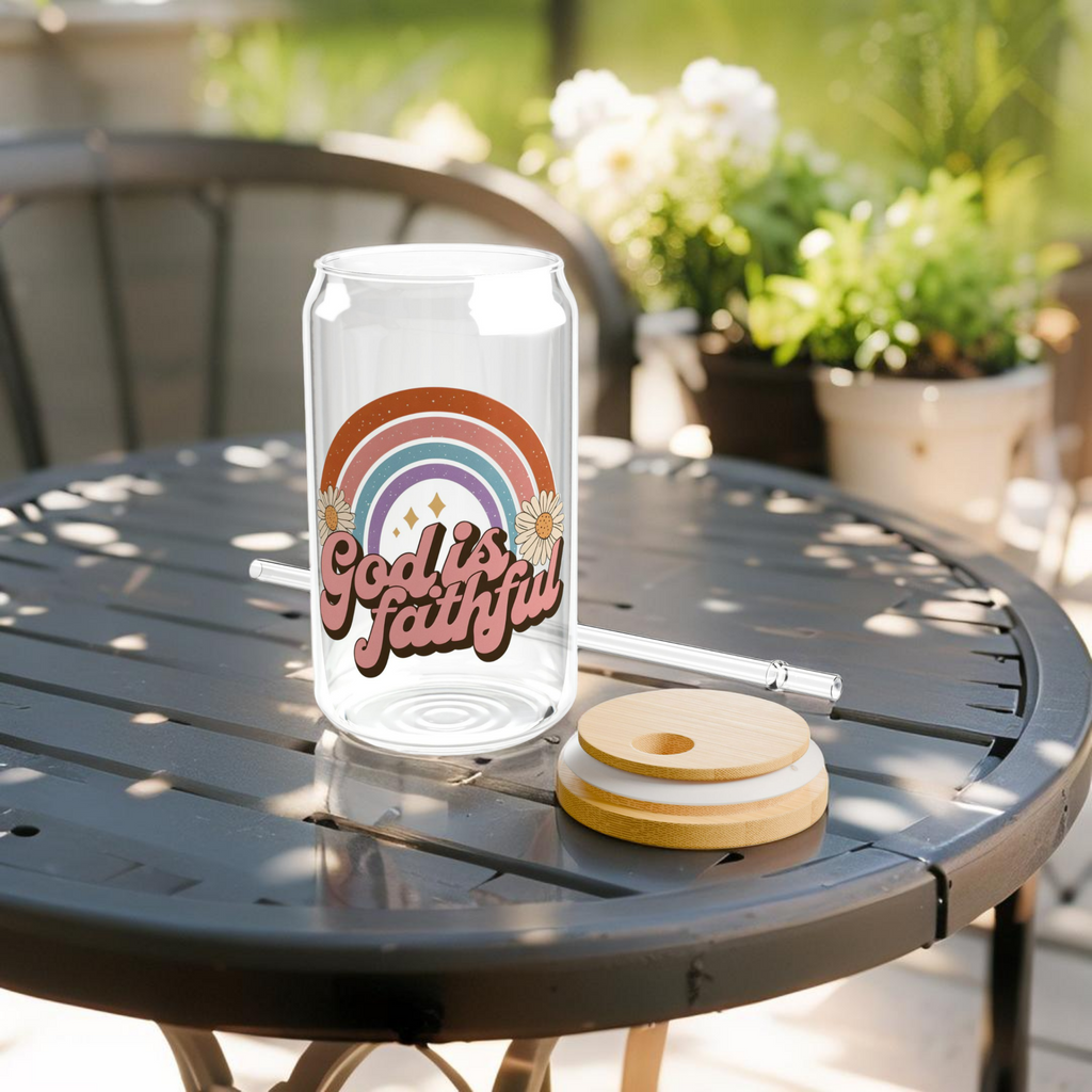 He Is Faithful Retro Sipper Glass – 16 oz Christian Glass Tumbler – Faith-Based Drinkware – Inspirational Gift Idea