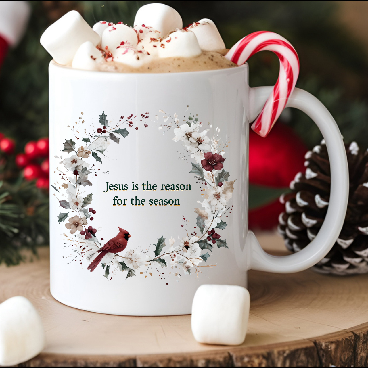Jesus is the reason for the season Christian Floral Coffee Mug | Faith Christmas Gift for Women | 11oz, 15oz