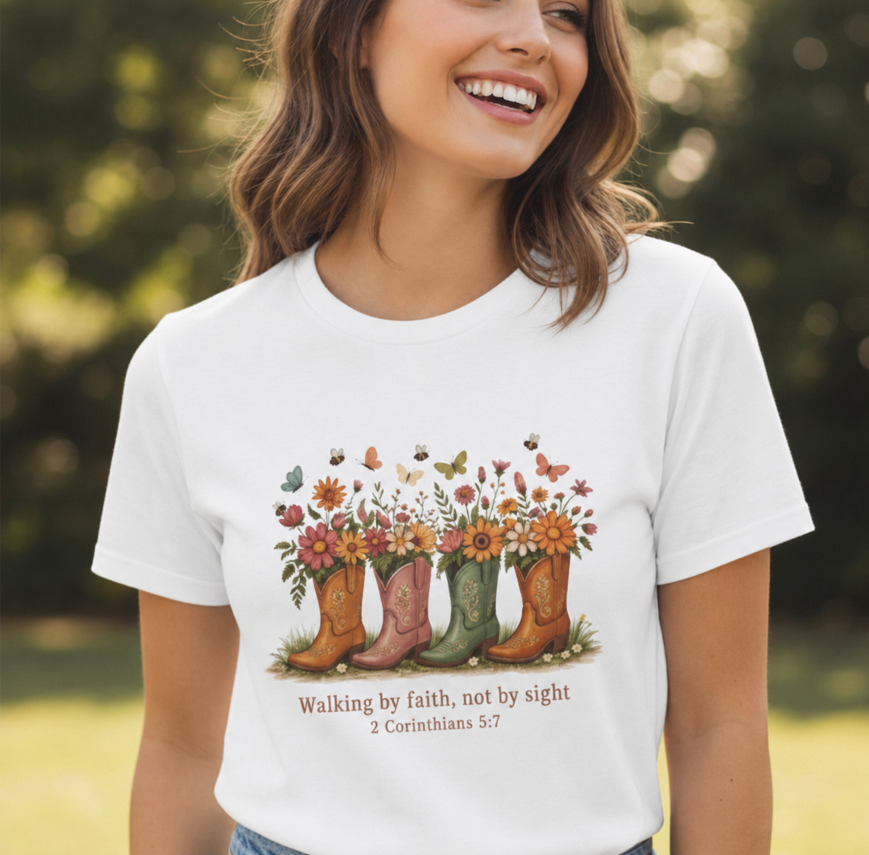 Walk by Faith Not by Sight Gildan Tshirt | Women's Wildflower Cowgirl Boots Christian Tee