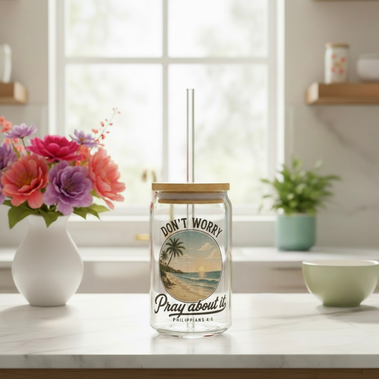 Don't Worry Pray About It 16oz Glass Tumbler | Philippians 4:6 Gift for Women