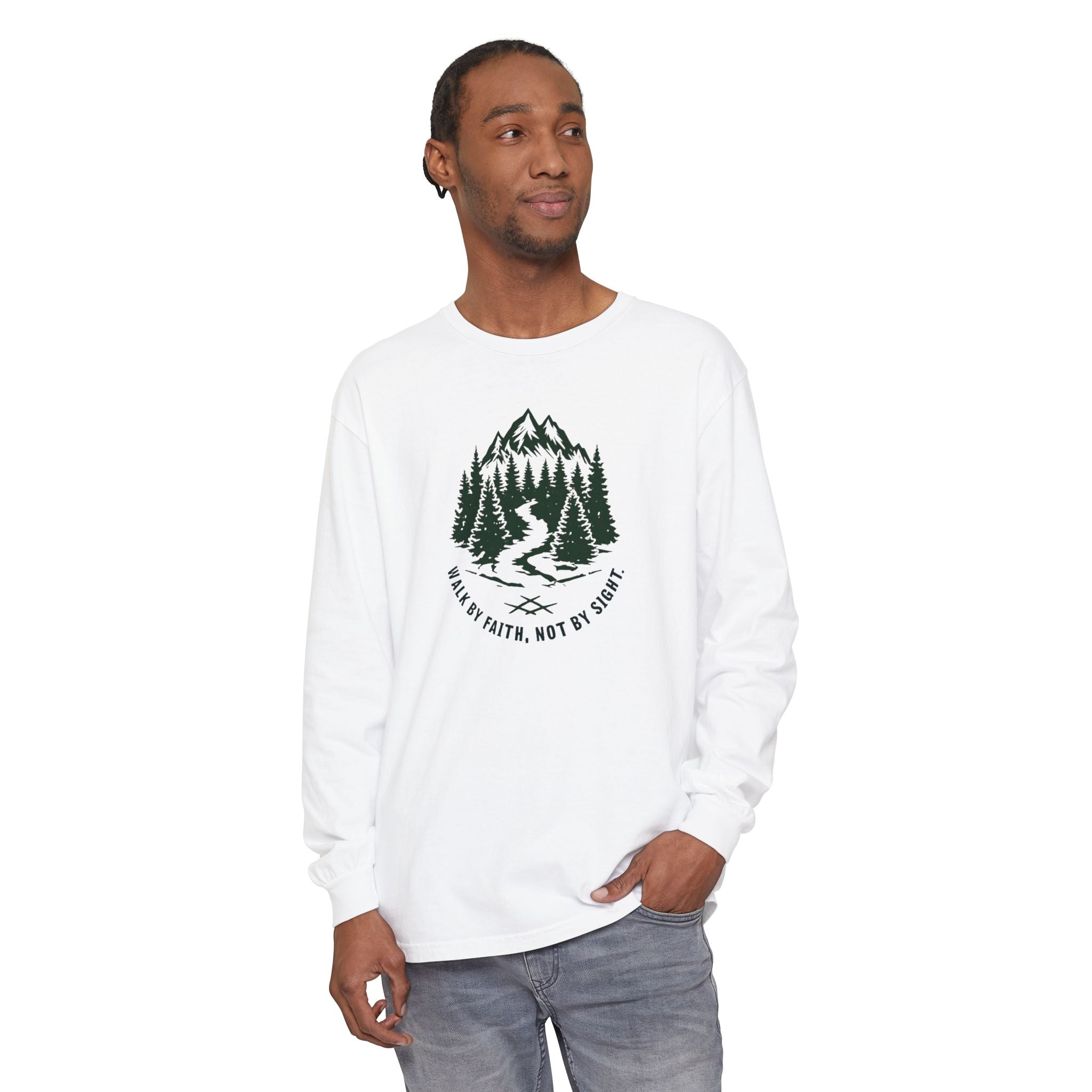 Walk by Faith, Not By Sight Comfort Colors Unisex Long Sleeve Shirt | Faith Mountain Graphic Tee | Garment Dyed Cotton