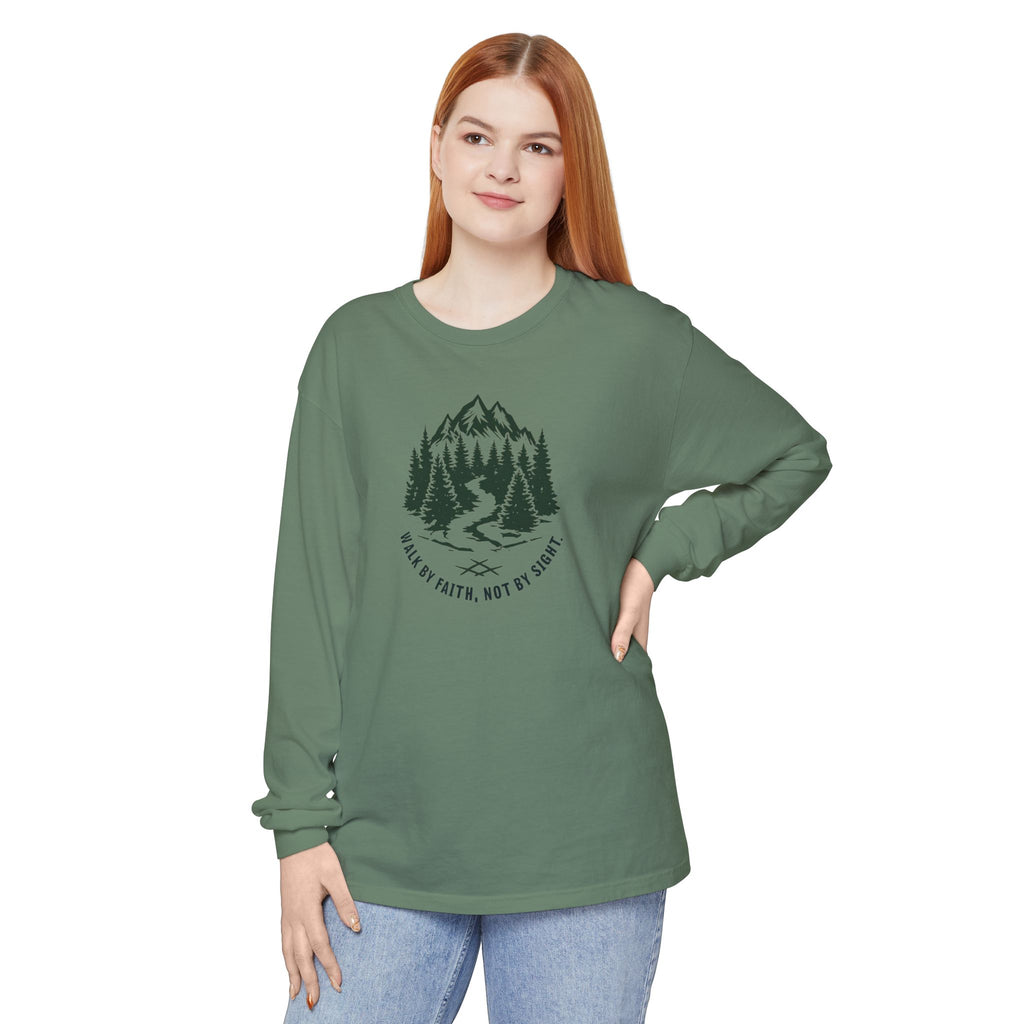 Walk by Faith, Not By Sight Comfort Colors Unisex Long Sleeve Shirt | Faith Mountain Graphic Tee | Garment Dyed Cotton