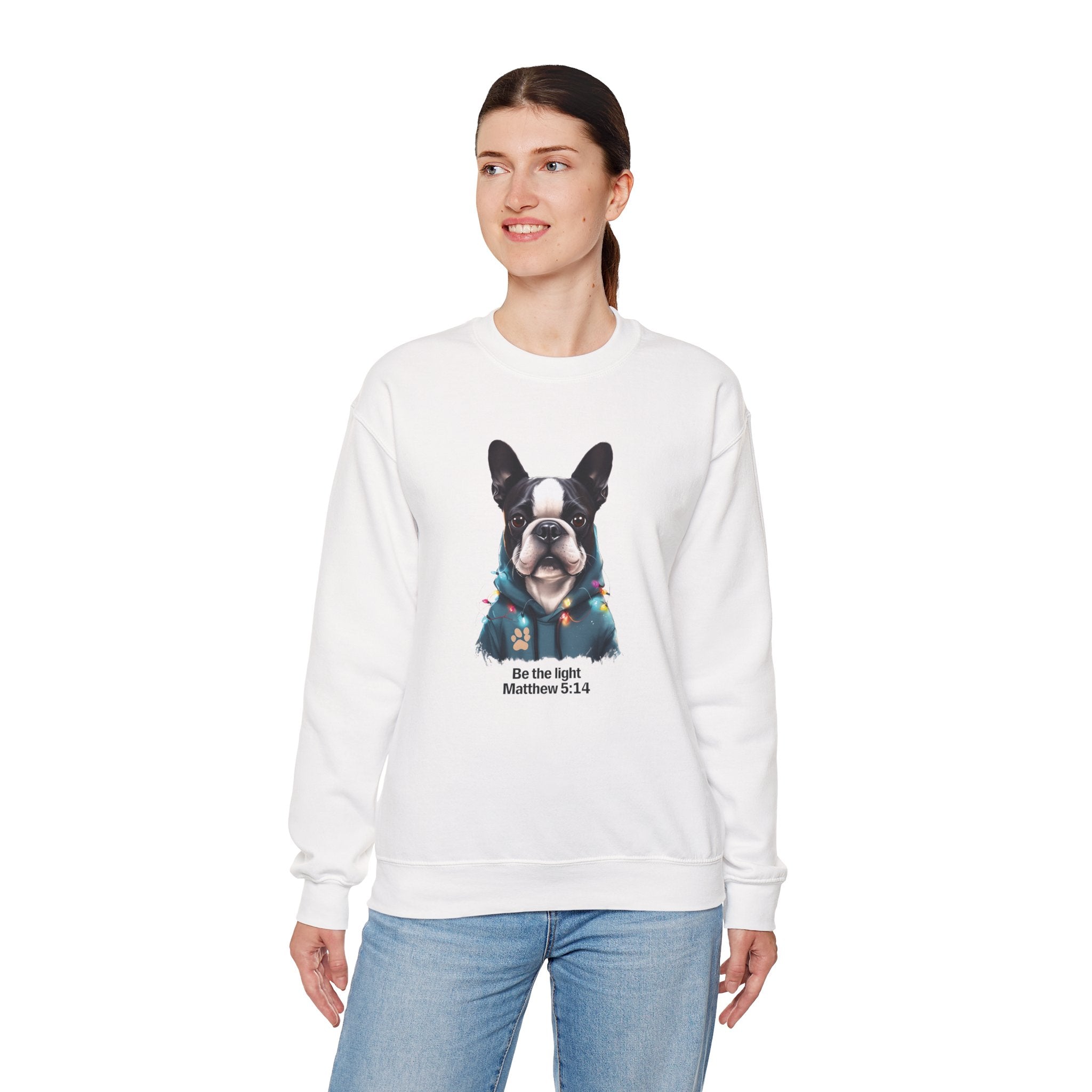 Be the Light Boston Terrier Christmas Gildan Sweatshirt | Christian Unisex Crewneck