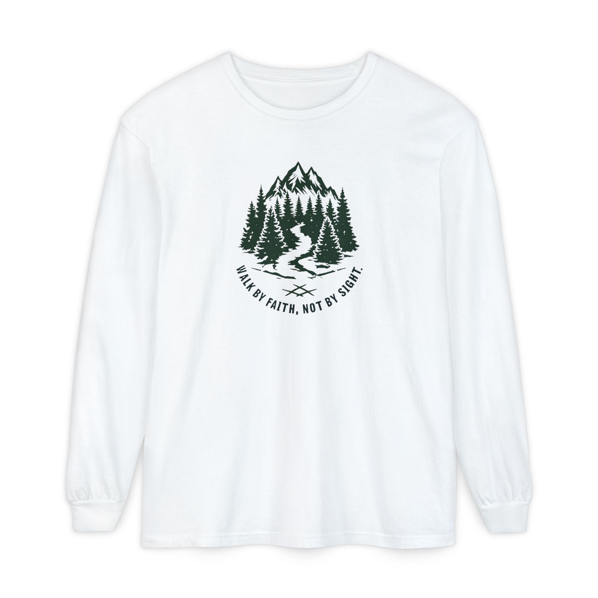 Walk by Faith, Not By Sight Comfort Colors Unisex Long Sleeve Shirt | Faith Mountain Graphic Tee | Garment Dyed Cotton