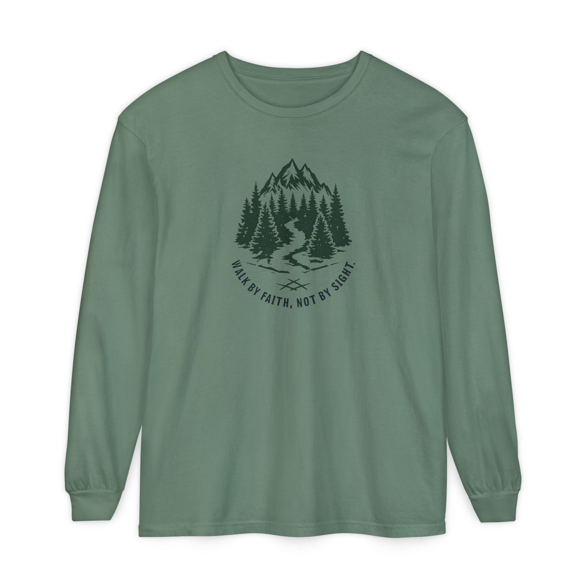 Walk by Faith, Not By Sight Comfort Colors Unisex Long Sleeve Shirt | Faith Mountain Graphic Tee | Garment Dyed Cotton